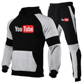 2022 YouTube Мъжки Спортни панталони, Комплект, Спортен костюм, Hoody с качулка + Панталон, Пуловер, Блузи, Спортни облекла, Комплекти от 2 теми