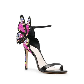 2022 Дамски Летни Модни Сандали от Изкуствена кожа с Цветни Крила на Пеперуда, Сандали на Тънък Висок ток, обувки за Сватба