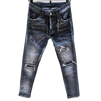 2022 нов StarbagsDSQ Черна кръпка Стари Скъсани Дънки с цип Корейски тесни панталони, Мъжки панталони