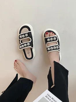 2022 Пролет-лято Нови Черни Ежедневни Дамски чехли, украсени с мъниста, Нескользящая Удобна Които нарастване на обувки