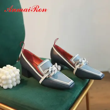 ANMAIRON/ 2020 г. на основните вечерни обувки от естествена кожа без закопчалка на квадратен ток, луксозни дамски дизайнерски обувки-лодка за зрели жени диапазон 34-40