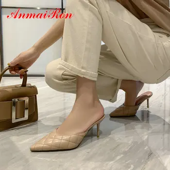 ANMAIRON геометрична Дамски обувки синтетика лято 2020 външен пързалки жени ПУ шевни тънки токчета основни дамски чехли