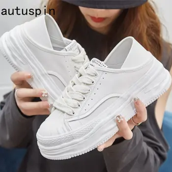 Autuspin/ най-Новите Дамски Обувки На равна платформа, есенно-зимните Модни Бели Ежедневни Обувки, Дамски Улични Маратонки От естествена Кожа