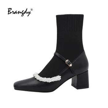 Brangdy/Демисезонные женски Ботильоны с пръсти; дамски обувки-лодка от естествена Кожа с Перли; дамски обувки Mary Jean; дамски обувки с Квадратни пръсти