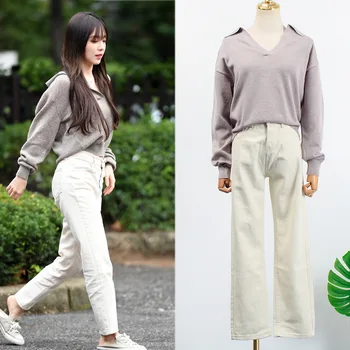 kpop TWICE EXO IU Seo Yea Джи модерен пуловер с дълги ръкави и V-образно деколте, пуловери + Преки свободни Широки дънки, дамски дрехи от две части