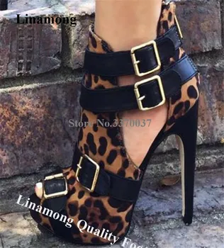 Linamong/ Модни Леопардовые обувки-лодка на висока платформа и висок ток в западен стил, Велур и кожени Обувки с Катарами и Джапанки, Модел обувки на Висок ток с изрези