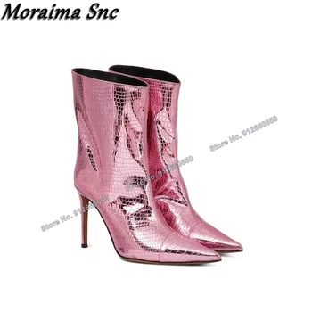 Moraima Snc/ Розови Обикновена обувки от лачена кожа, без стягане; Дамски обувки до средата на прасците на висок ток с остър пръсти и обувки с Високи токчета; обувки за подиум на токчета