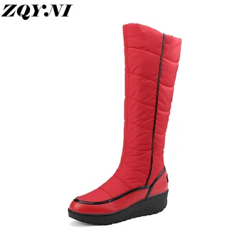 ZQYNI-Ботуши под коляното, леко ток от микрофибър, дамски топли и модерни зимни обувки дантела, с дантела и кръг пръсти, подходящи за зимата