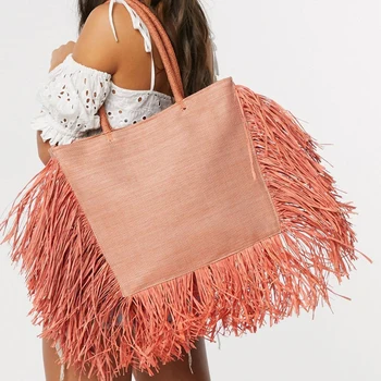 бохемската чанта-тоут с пискюли от лико голям капацитет, дизайнерски дамски плетени сламени чанти, луксозни плетени дамски чанта на рамото, лятна плажна чанта