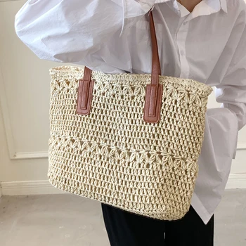 Голям голям слама тканая чанта за жени 2023, лятна проста чанта на едно рамо, празнични Плажни Чанти за Пазаруване, Чанта с цип, Чанти