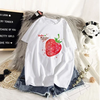Женска тениска, сладка тениска със забавна принтом ягоди и ябълки, модни и ежедневни бяла тениска, дамска лятна ежедневни тениска