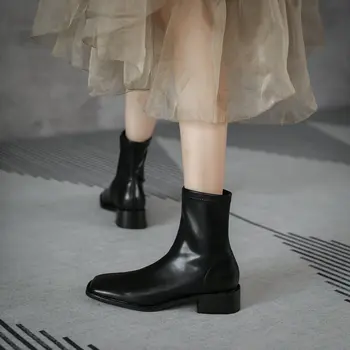 Класически дамски ботильоны с цип отзад, колекция от 2021 г., есенно-зимни обувки от естествена кожа, дамски офис зимни обувки в стил ретро