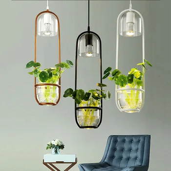 Креативни LED Лампа за Хидропоника, Висящи Лампи за Растения, Прозрачен Стъклен съд с Желязна Поставка, Верижен Висящ Лампа за Дневна