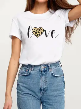 Къс Ръкав, Леопардовая тениска с надпис Love Heart, тази Тенденция Тениска с Графичен принтом, Модни Дамски Летни Дрехи, Базова Тениска Kawaii, Топ