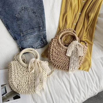 Летни сламени чанти през рамо със завързана лък, женски Тъкани портмоне и чанта с Кръгла Дръжка, луксозни дизайнерски Сламени Плажни Чанти за Рамо