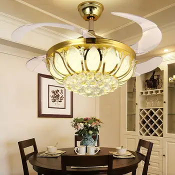 Луксозен сгъваем вентилатор на тавана Трапезария Хромирани Златна Кристален Лампа с вентилатор с дистанционно управление