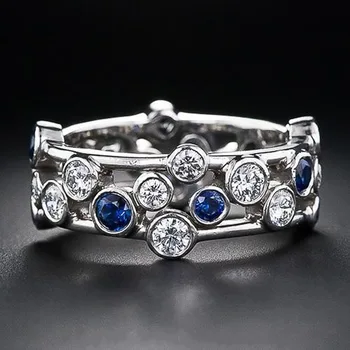 Модни Бели/Сини Годежни Пръстени с Фианитами, Дамски Пръстени, Сребрист Цвят, Универсален Дизайн, Женски пръстен на пръста си, Вечерни Ефектните Бижута