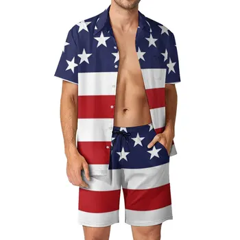 Мъжки Комплекти са в бялата и червената ивица, Ежедневни Тениска с Американския Флаг, Ретро Плажни Шорти, Летен Костюм от две части в Голям Размер