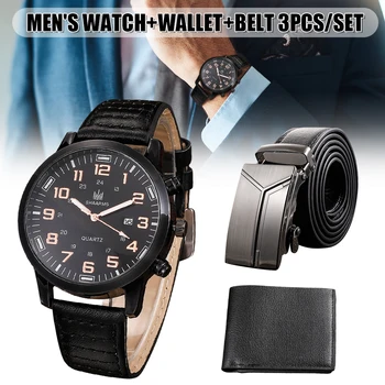Мъжки часовник + портфейл + Колан, мъжки подарък за Деня на бащата, Подарък за рожден Ден, 3 бр./компл. за баща, гадже, красива ПУ каишка B99