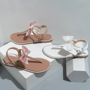 Нови летни дамски Сандали с Перли, Мода сандали на равна подметка с Лък, плажни обувки с Кристали, Градинска Дамски обувки-Големи Размери