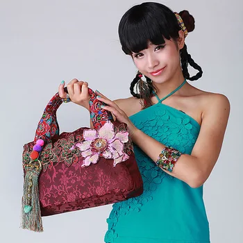 Оригинална дамска чанта с насипни бродерия в национален стил, реколтата, чанти с пискюли, сатен чанта