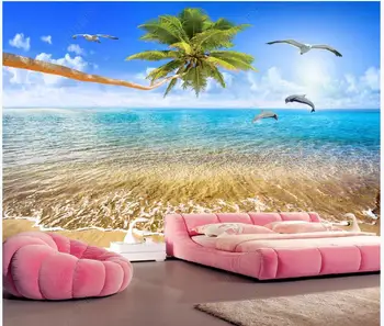 Потребителски снимки тапети за стените, 3 d стенописи Красив морски пейзаж плаж дървета любов делфин ТЕЛЕВИЗИЯ фон тапети живопис декор