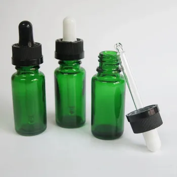 Продажба на едро, 100 бр./лот, 15 мл Зелена стъклена бутилка с черен пластмасов капкомер, стъклени 15 мл Бутилки-пипети за етеричното масло