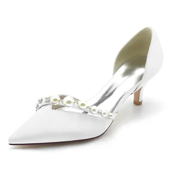 Сатен перли тънки токчета сватбени обувки Дамски обувки с остър нос приплъзване на средни токчета за/сватбени/годеж/бала/вечер