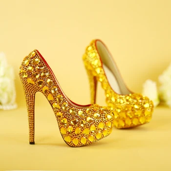 Сватбени обувки със златна инкрустация, обувки с пайети и кристали, непромокаеми обувки на висок ток и платформа, сватбени обувки за булката голям размер