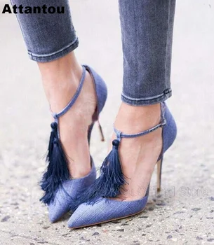 Сини дънки на тънък висок ток модела обувки с пискюли дамски дизайнерски обувки-лодка на висок ток с катарама и остри пръсти пикантни обувки-лодка за партита