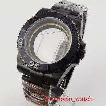 Черен 40 мм, Калъф за часовник с PVD покритие, подходящи за NH35 NH36 MIYOTA 8215 ЕТА 2836 MINGZHU 2813, Прозрачна делото с сапфирено стъкло