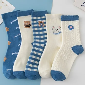 Чорапи в Синя Клетка с Сладък Мечок от Анимационен за Жени, Модни Студентски Памучни Пролетно-летни Чорапи Kawaii, Японски Корейски Подаръци